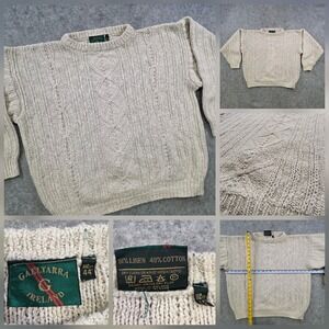Gaeltarra Sweater Mens Large Beige Linen Cable Knit Ireland Crewneck Pullover